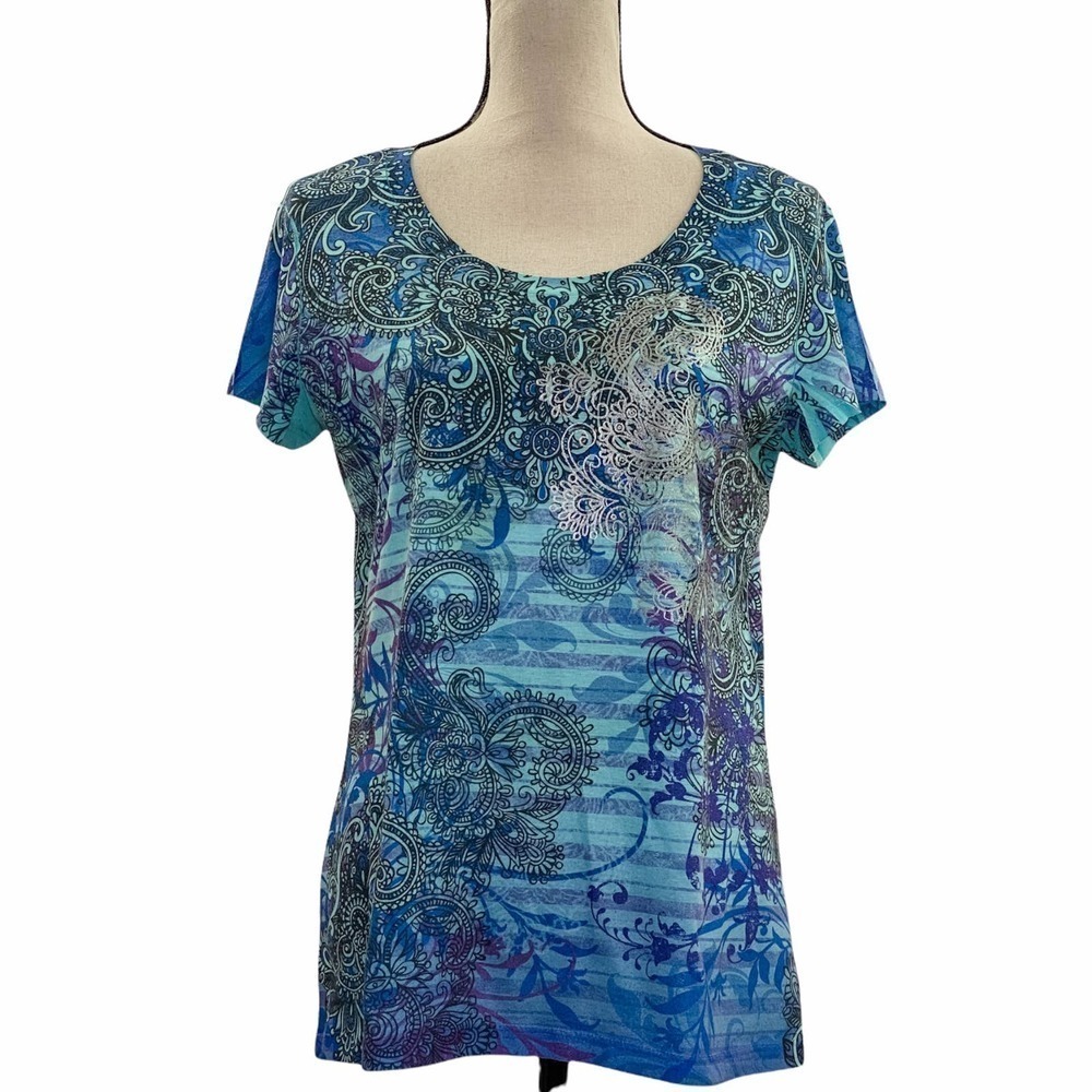 APPROPRIATE Behavior Multi-tone Blue Striped Paisley Print Short Sleeve Blouse